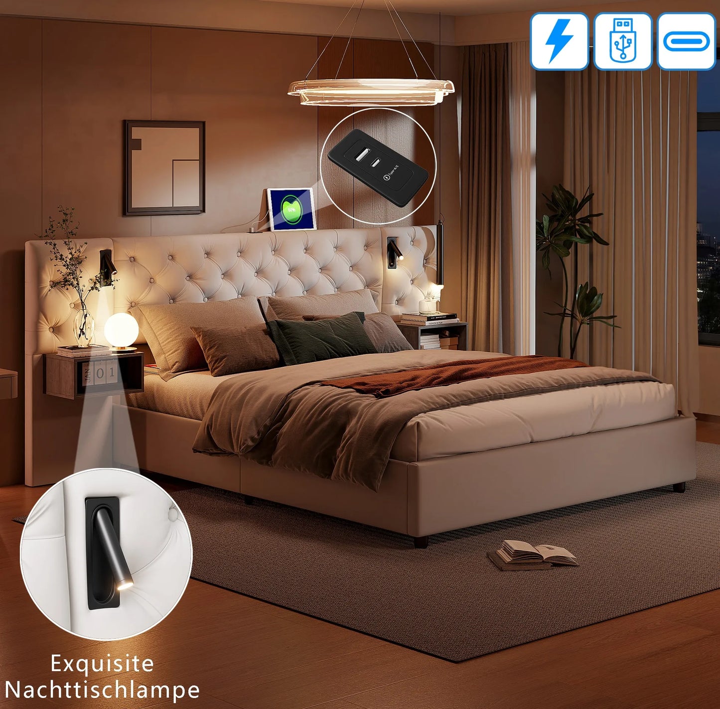 Rosahqnda Polsterbett, Doppelbett, 140/160 x 200 cm, mit 2 Nachttischen, mit LED und USB, hydraulisches Stauraumbett, Samtbeige