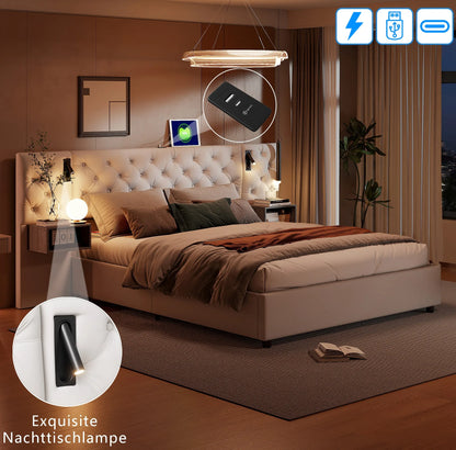 Rosahqnda Polsterbett, Doppelbett, 140/160 x 200 cm, mit 2 Nachttischen, mit LED und USB, hydraulisches Stauraumbett, Samtbeige