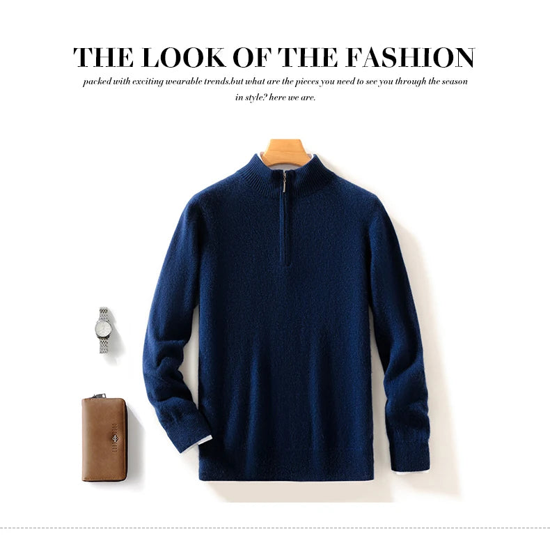 Autumn Winter Men's 100% Merino Wool Sweater Mock Collar Half Zip Knitted Pullover Cashmere Sweatshirt Casual Long Sleeved Tops.