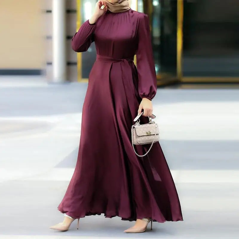 Elegantes Maxikleid für Frauen, solide Laternenärmel, Party-Abendkleid, modische Schnürung, lange Röcke, muslimische Abayas, Dubai, Robe Femme.