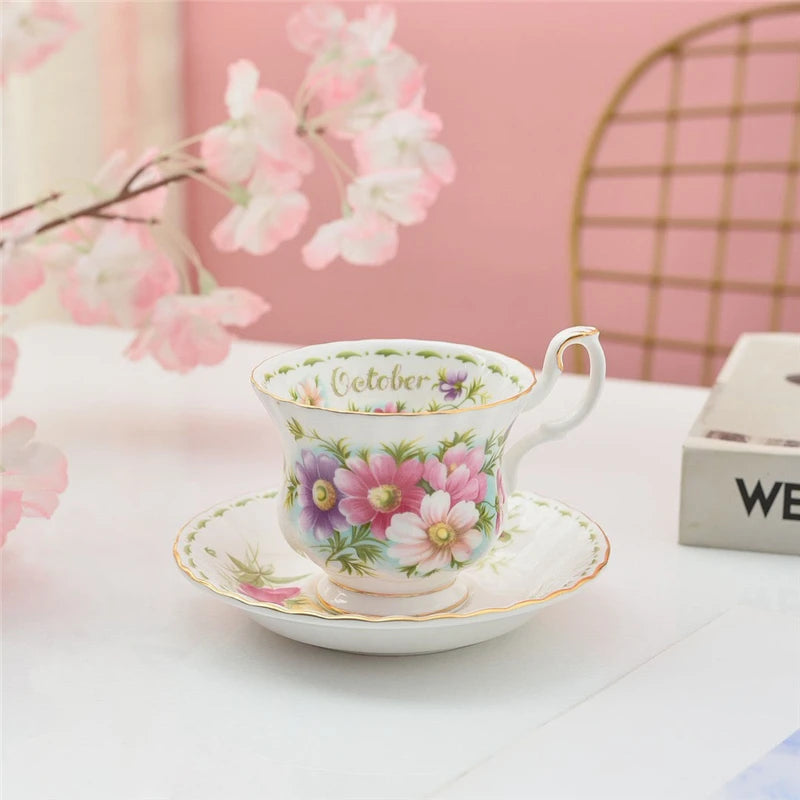 Coffee Cup and Saucer Set Month Flower Mug Bone China Drinking Set Ceramic Cup and Saucer Home Teacup Dessert Saucer Gifts