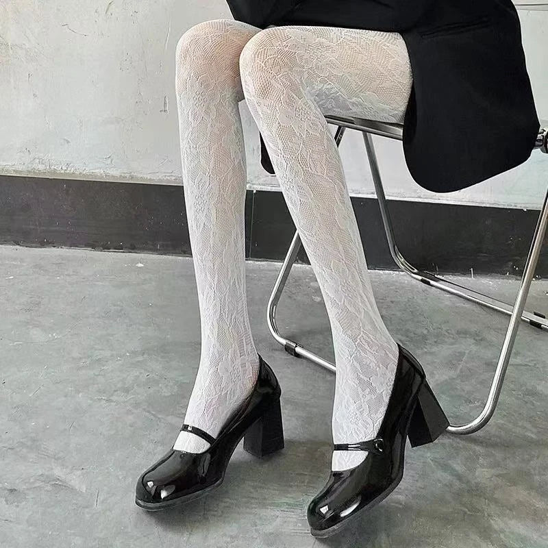 Gothic Women Lolita Leggings Hollowed Out Mesh retro Girls Stockings Japanese Bottomed Lace Pantyhose Floral Rattan Black Tights