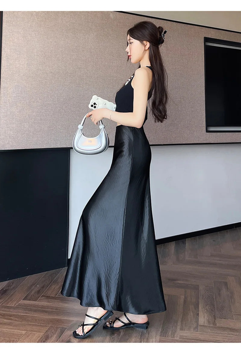 Zoki Chic Satin Elegant Long Skirt Women Casual Fashion High Waist Sweet Trumpet Skirts Slim Summer Female Korean Long Skirts.