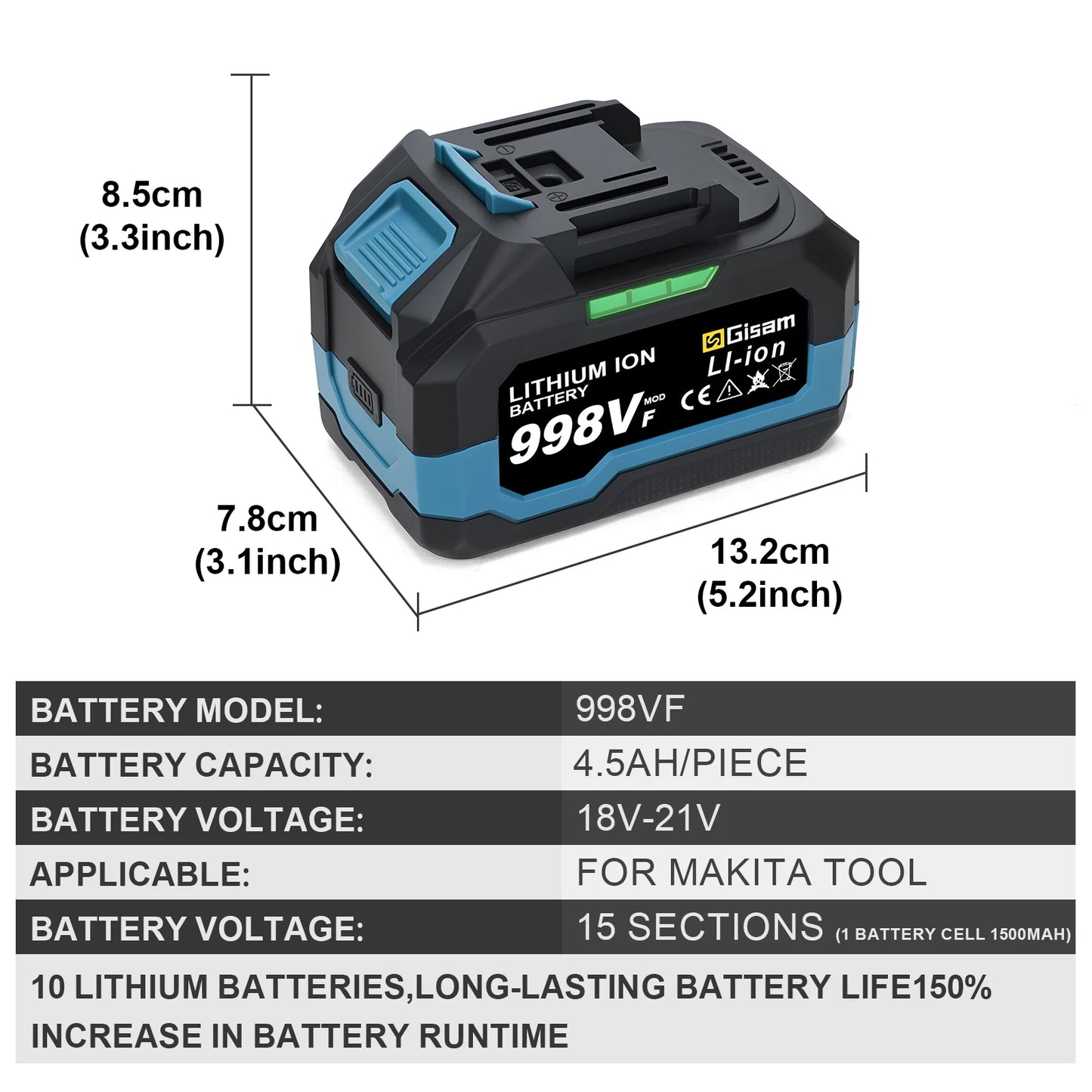 GΣ 4,0 Ah 4,5 Ah wiederaufladbarer Lithium-Ionen-Akku für Akku-Schleif-/Bürstenlosen Schraubenschlüssel/Schraubendreher für 18-V-Akkus von Makita