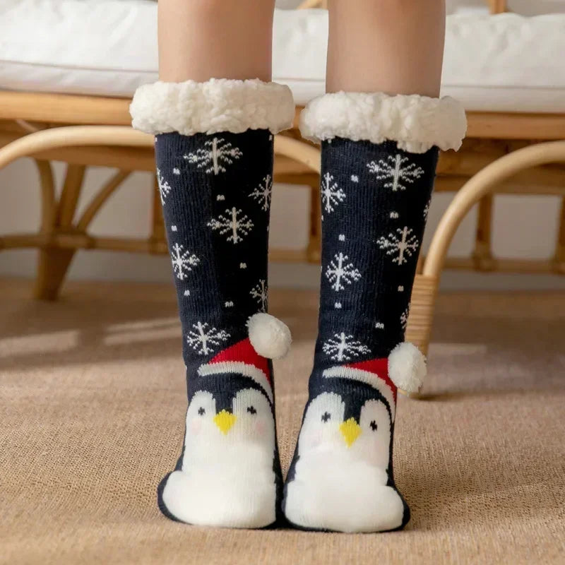 Fuzzy Fluffy Sock Women Winter Christmas Gift Warm Plush Non slip Home Sleeping Soft Female Floor Thermal Slipper Sock Snowflake.