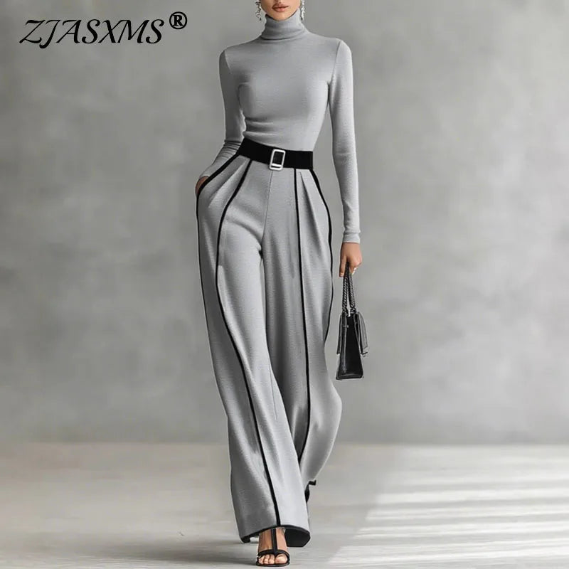 Retro Turtleneck Bottoming Shirt Top+Wide-leg Trousers Suit Woman Elegant Contrast Color 2 Piece Sets Long Sleeve Autumn Outfits.