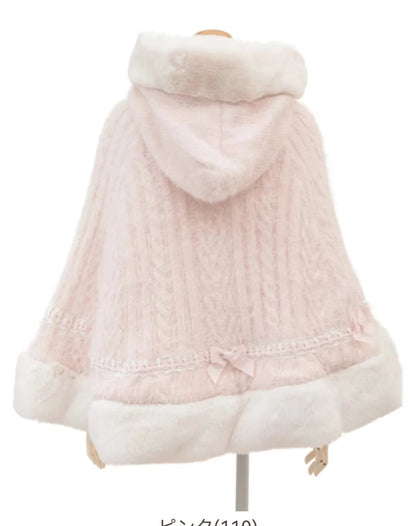 Japanische Liz Süße Prinzessin Faux Kaninchen Fell Cape Mantel Frauen Herbst Winter Pelz Jacke Lose Uhr Strass Bogen Mit Kapuze Mantel