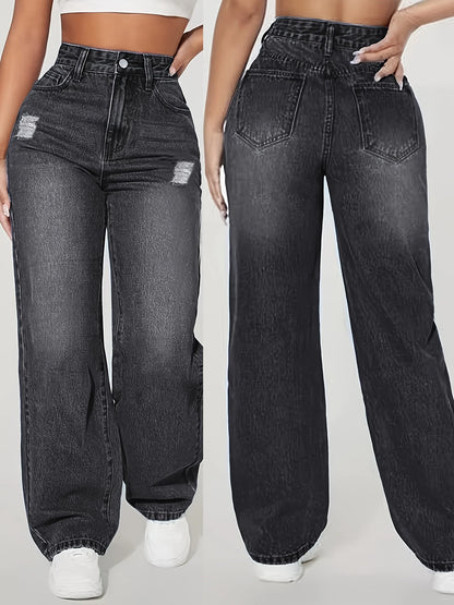 Loose Fit Elastic Fashionable Wide Leg Jeans, Blue Distressed Loose Wide Leg Jeans.