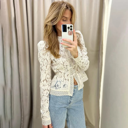 Tuularose Luxury Lace Blouse Fashion Lace Print Single Breasted Slim Shirt Vintage Elegant Party Looks Summer Women Blouse Tops.