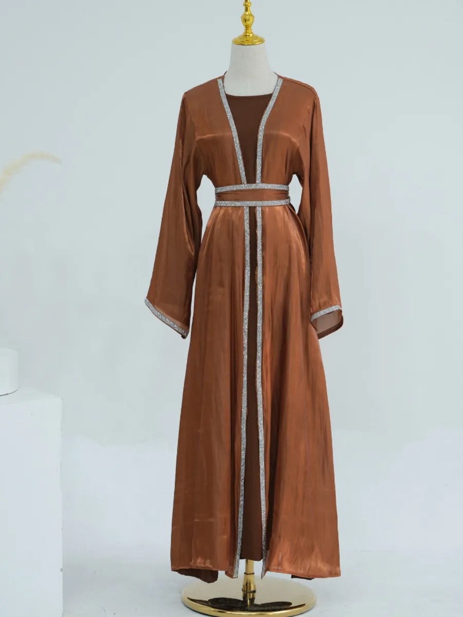 Muslim Abaya for Women Eid Dress 2 Piece Set Diamond Morocco Ramadan Lace-up Abayas Kaftan Islam Cardigan Dubai Arab Long Robe