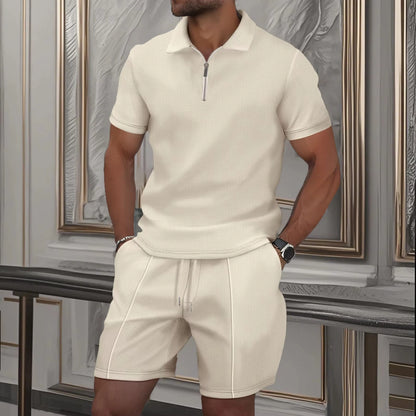 Men's Sportswear set, men's Zipper Polo Shirt set, 3D Printed Casual Zipper Polo Shirt + Shorts 2-piece Business Sportswear Set.
