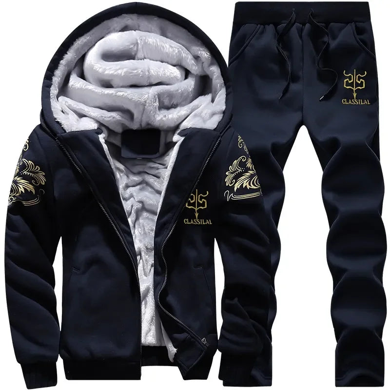 2024 New Winter Thick Men Sports Suit Tracksuit Hooded Sportswear Zipper Cardigan Hooded Woolen Trousers Pants Casual Men Set.