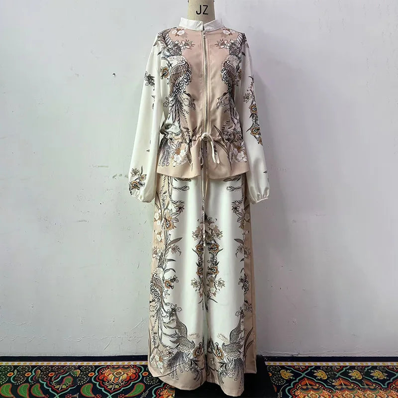 Summer Fashion Print Women's 2-piece Set Flower Zipper Baseball Uniform Drawstring Trousers Two-piece Outfit Elegant Office Suit