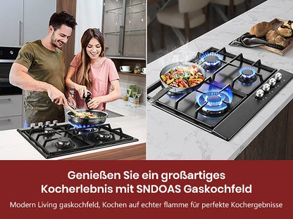 4 Burners Black Enamelled Plate 58 cm Automatic Flame Protection, Natural Gas and Propane Gas, Built-in Gas Hob.