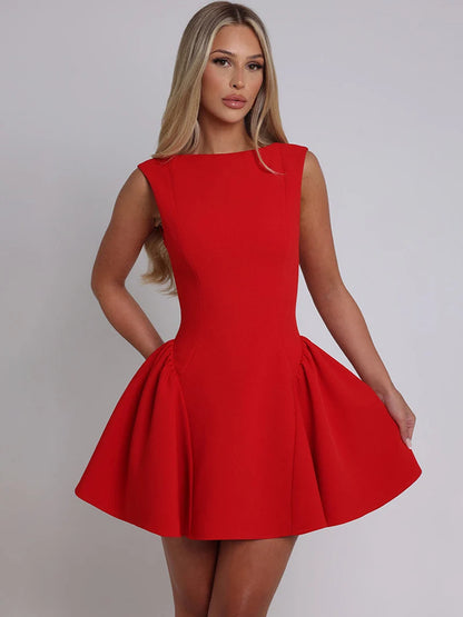 DGLUKE Elegantes rotes Minikleid für Damen, U-Boot-Ausschnitt, ärmellos, hohe Taille, A-Linien-Kleid, rückenfrei, plissiert, kurze Abschlussball-Party-Kleider