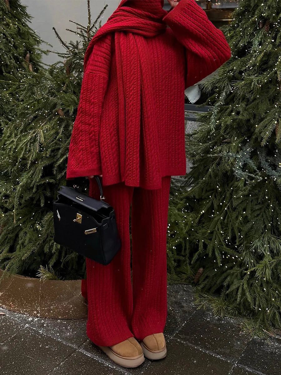 Bornladies Herbst Winter Mode frauen Neue Zopfmuster Pullover Breite Bein Hosen Set Weiche Wolle Mischung Lose Fit High Neck Pullover