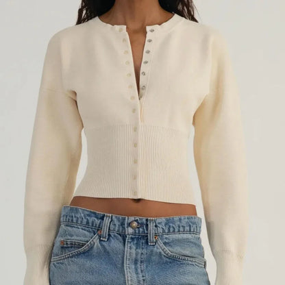 Women's High Waist Round Neck Single Breasted Cardigan Solid Long Sleeve Short Sweater Top Autumn Slim Bottoming Shirt