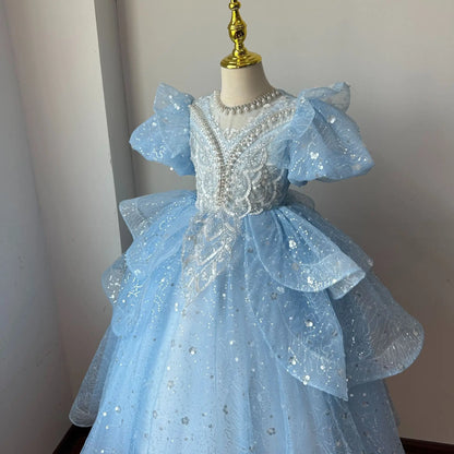 Mädchen Kleid 2025 Neue Frühling Elsa Baby Prinzessin Kleid Puffy Tüll Blau Geburtstag Kleine Host Leistung.