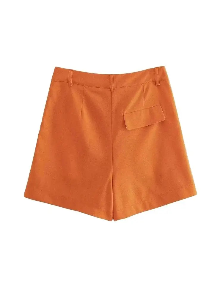 Women Fashion With Pockets Front Pleats Linen Blend Shorts Vintage High Waist Zipper Fly Female Short Pants Mujer.