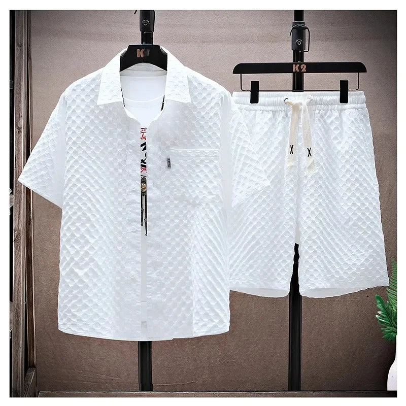 Casual Thin Sports Two-piece Set 2024 Summer Ice Silk Suit Men's Trendy Short Sleeve T-shirt Shorts One Set.