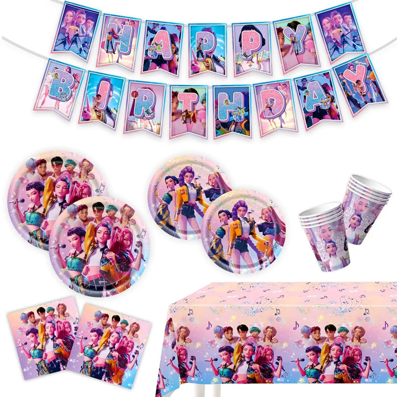 Neue Kpop Dämon Hunter Geburtstag Party Dekoration Geschirr Set Mädchen Luftballons Kuchen Topper Hintergrund Taschen Kinder Party Favor Supplies.
