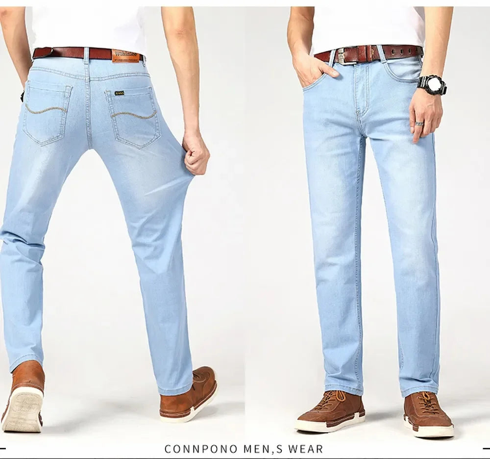 Brand Jeans 2025 Summer Business Jeans Men Light Blue Casual Straight Stretch Fashion Classic Work Denim Trousers Male Clothing.