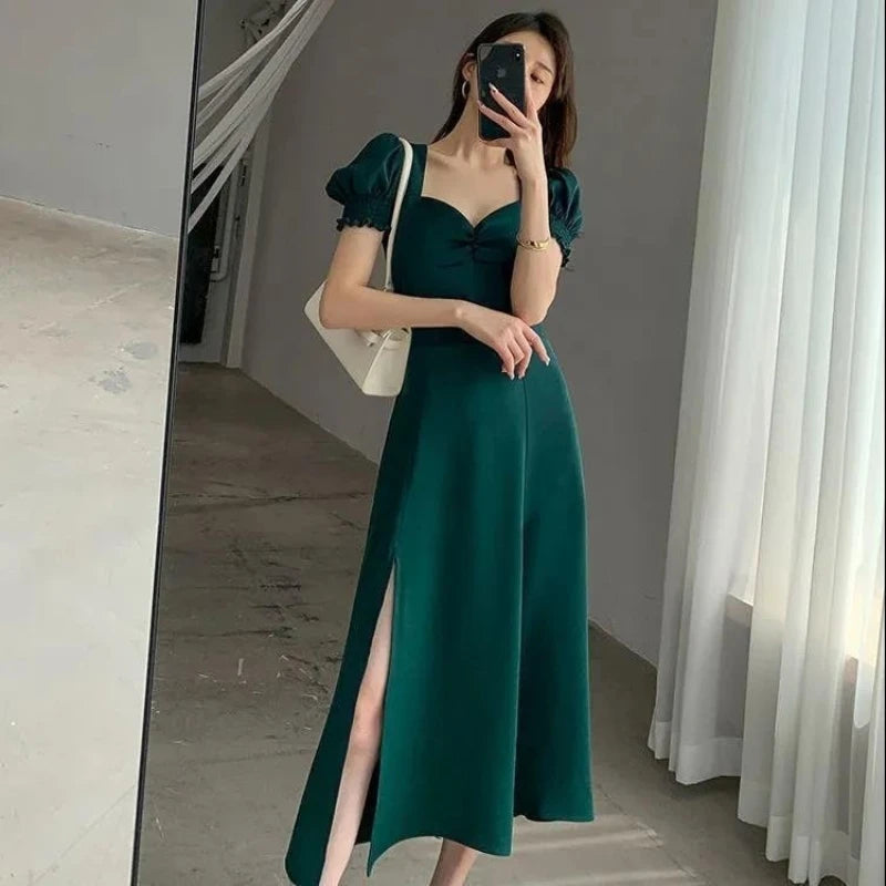 Solide Puff Kurzarm Elegante Schlitz Kleid Neue Mode Frauen V-ausschnitt Volle Kleider Damen Hohe Taille Schlank Abend Party Vestidos.