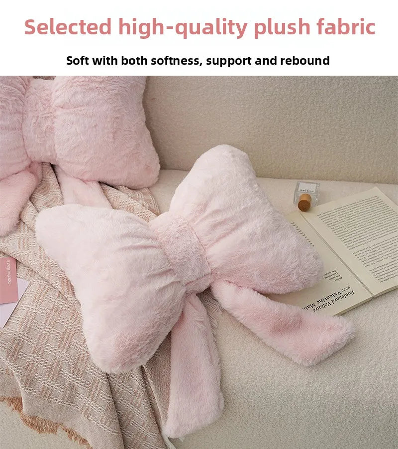 Pink bow ribbon couch pillow imitation rabbit fur comfortable car seat cushion ins style simple all-match back cushion.