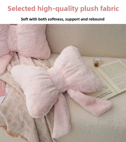 Pink bow ribbon couch pillow imitation rabbit fur comfortable car seat cushion ins style simple all-match back cushion.