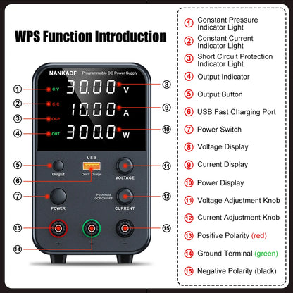 NANKADF DC laboratory power supply 30V 10A bench power supply encoder regulates voltage and current Dual input voltage 220V/110V.