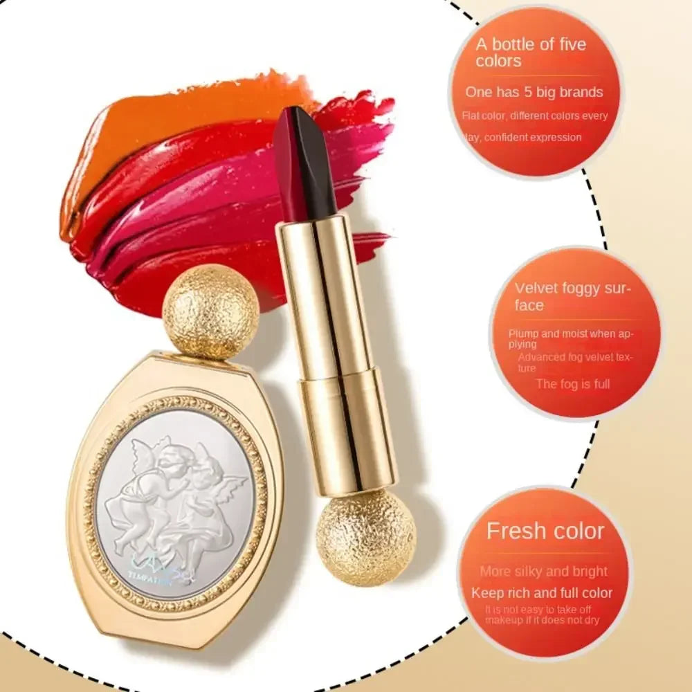 Matte 5Color Matte Lipstick Long-lasting Moisturize 5 in 1 Lip Gloss Not Fading Non Stick Cup Velvet Mist Lipstick Cosmetics Hot.
