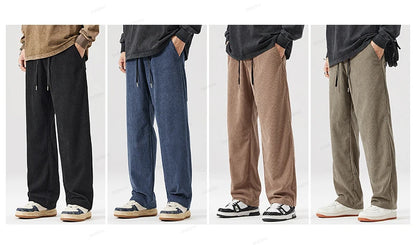 OUSSYU Brand Autumn Winter Men's Stripe Corduroy Pants Elastic Waist Drawstring Straight Thick Outdoors Loose Casual Trousers.