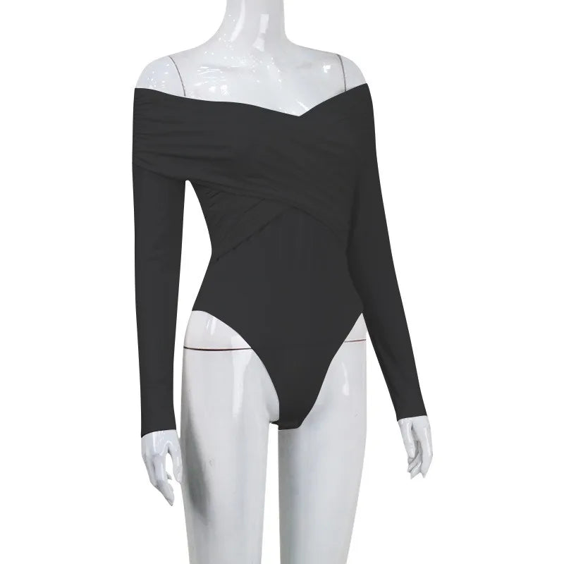 Y2K Women Sexy Off Shoulder Bodysuit Solid Color Long Sleeve Skinny Romper Crossed Folds Fashion Streetwear Autumn