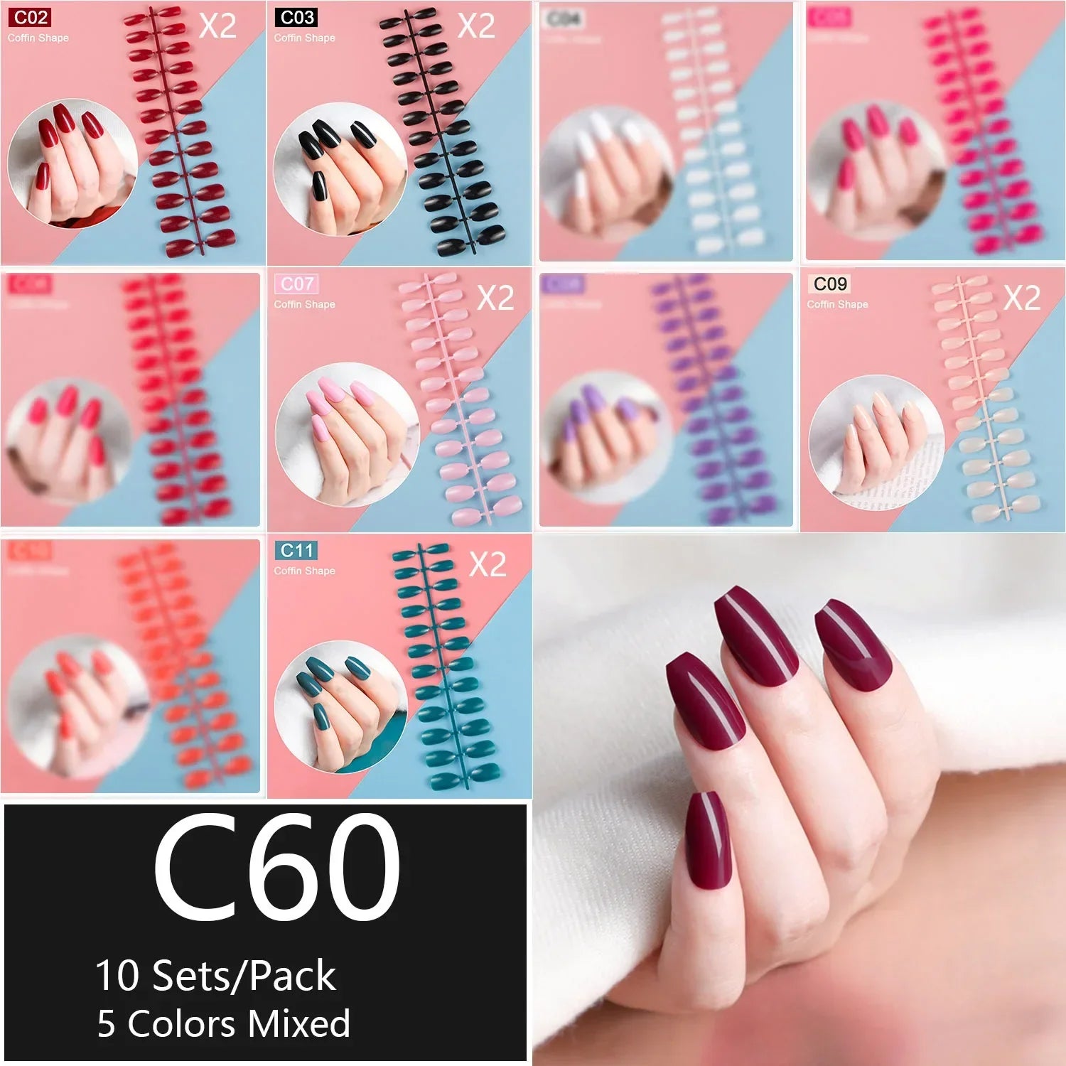10 Sets/Pack Mixed Solid Colors Coffin Round Square Almond Shape False Nails Full Cover Nail Tips Short Fake Nails Tip Manicure.