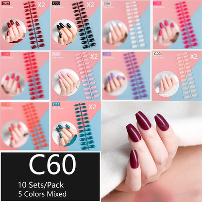 10 Sets/Pack Mixed Solid Colors Coffin Round Square Almond Shape False Nails Full Cover Nail Tips Short Fake Nails Tip Manicure.