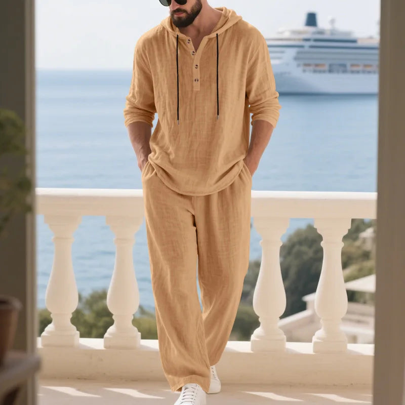 Cross-border Autumn Linen Men's Casual Suit Loose Hooded Henley Shirt Long Sleeve Pants Suit