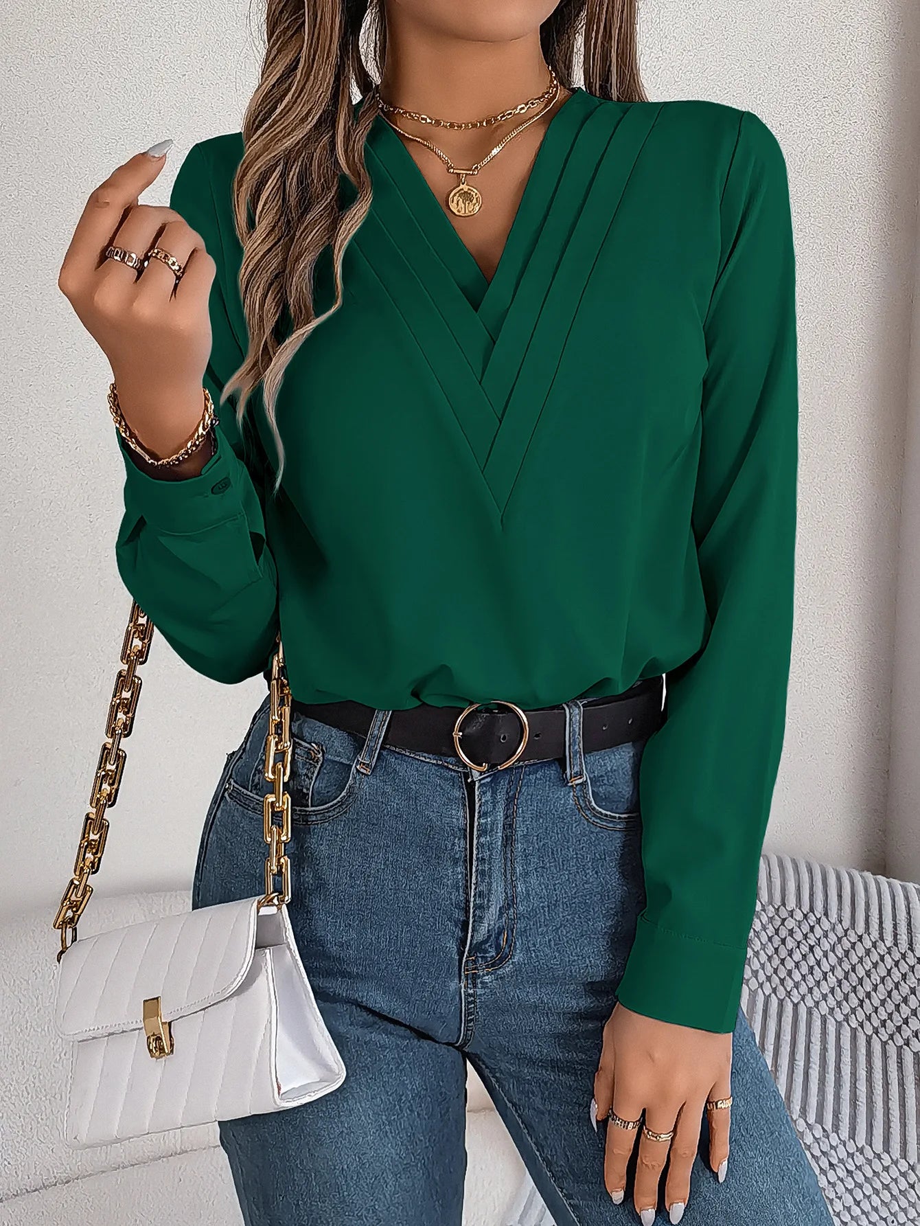 Summer And Autumn Women's Casual Shirt, Commuting Style Solid Color V-neck Long Sleeve Shirt Top