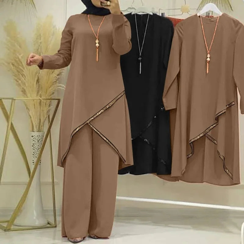 Women Eid Musulman Ensemble Muslim Sets Solid Blouses Wide Leg Pants Ramadan Morocco Two Pieces Dubai Kaftan Loose Modest.