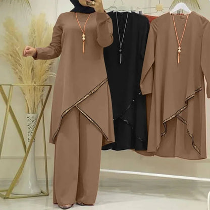 Women Eid Musulman Ensemble Muslim Sets Solid Blouses Wide Leg Pants Ramadan Morocco Two Pieces Dubai Kaftan Loose Modest.