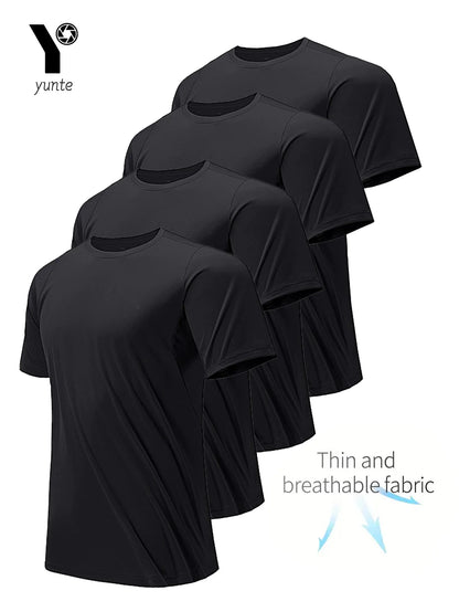 Round Neck T-Shirt 4-Pack Black Ultra-Light Men's Quick Drying Breathable Sweat-Absorbent Shirt Suitable for Fitness Gym and Run.