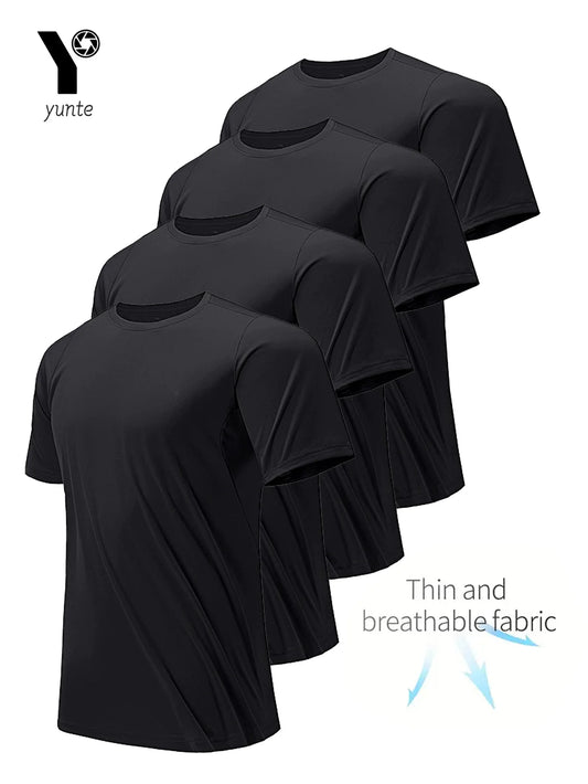 Round Neck T-Shirt 4-Pack Black Ultra-Light Men's Quick Drying Breathable Sweat-Absorbent Shirt Suitable for Fitness Gym and Run.