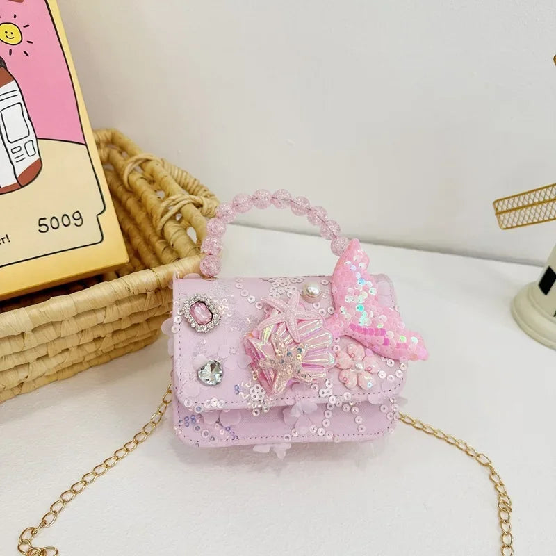 Lovely Sequin Girls Square Shoulder Bag Fish Tail Starfish Princess Crossbody Bags Bead Handle Children's Small Handbags Purse