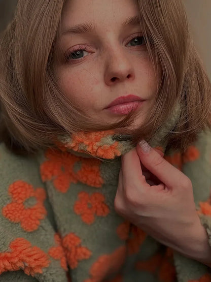 Sumuyoo Autumn Winter Women's Sherpa Floral Pullover Hoodies Half Zip Style Loose Fit Warm Stylish New Sweatshirt.