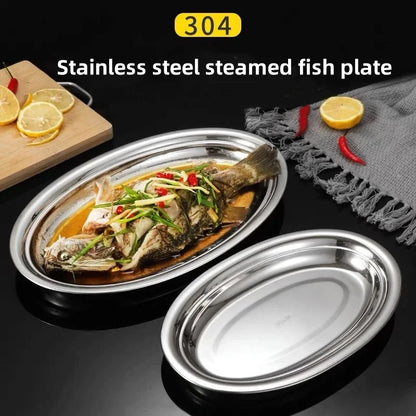 1Pcs 304 Stainless Steel Plate Oval Fish Dish Dinner Dessert Food Sushi Snack Steaming Fruit Dish Household Restaurant Tableware.