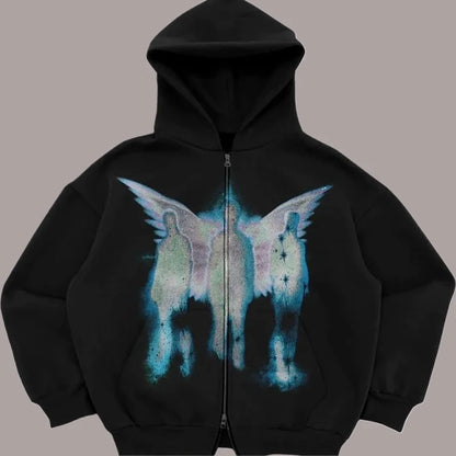 American Street Sports Zipper Printed CardiganSweater New Street Trend Hooded Sweatshirt Fashion Men's Loose Retro Pocket Hoodie.