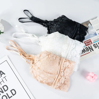 Women White Crop Tops Lace Print Camisole Sexy Hollow Backless Bra Removable Chest Pad Bralette Solid Beauty Back Tank Top.