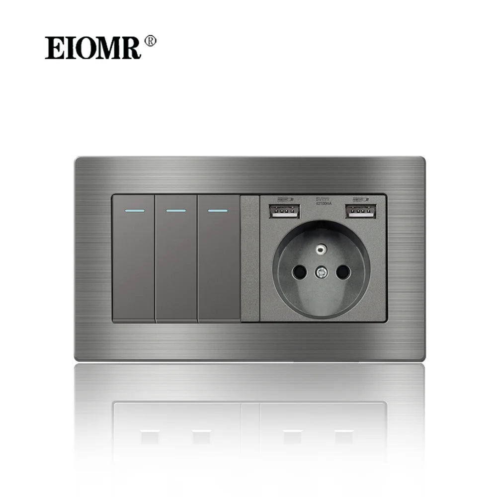 EIOMR Frankreich Standard-Steckdose, graue Aluminiumlegierung, Lichtschalter, RJ45, Fernseher, 220 V, 16 A, Wandsteckdosen für Haushaltsgeräte