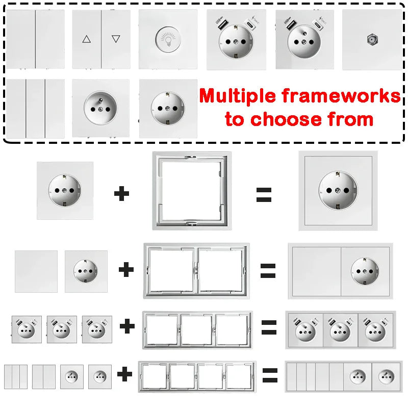 80 mm Typ Rahmen Steckdose 1/2-Wege-Wandknopfschalter USB Typ-C-Anschlüsse Steckdose EU-Standard für Deutschland DIY Teil freie Kombination.