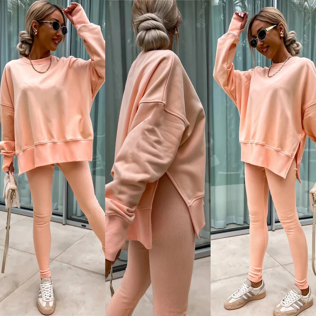 Women Pant Sets Two Pieces Tracksuit Solid Loose Sweatshirts Split Pullover Pencil Pants High Street Autumn Winter 2024.