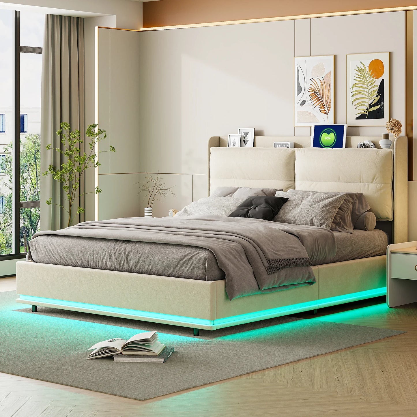 Lazyspace gepolstertes Doppelbett mit LED-Licht, Bettgestell 160 x 200 cm, Druckbett mit Lattenrost aus Holz, ohne Matratze